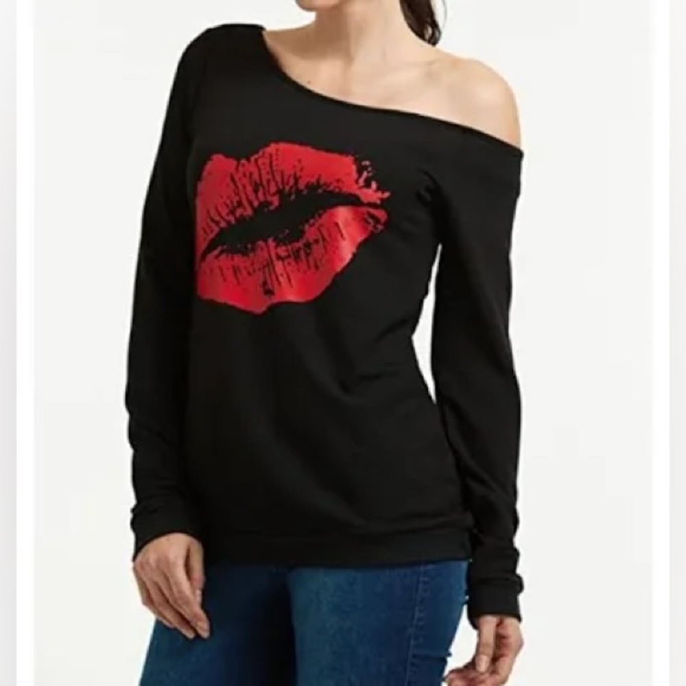 Women's Purple Top: Kissy Lips OFF-the-Shoulder Lightweight Long Sleeves Casual - Picture 6 of 15